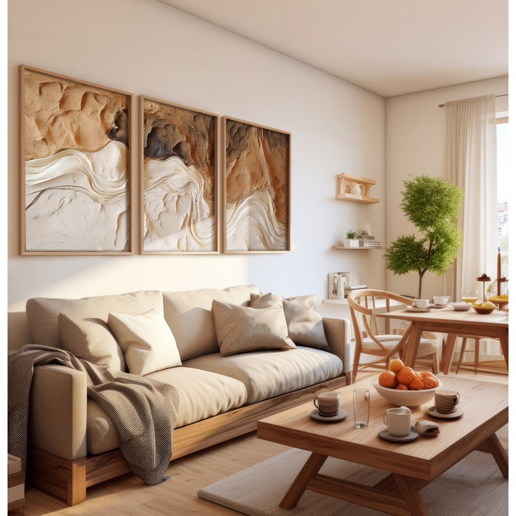 Quadros Decorativos com Moldura Trio Sala Quarto Textura Estilo Gesso Off White com Terra