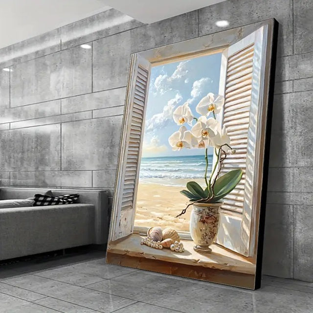 Quadro decorativo 1 peça grande 3D vaso flores vista para o mar moderno abstrato decoração para casa sala quarto hall