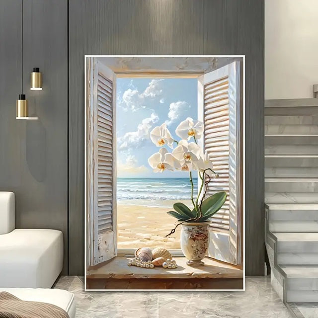 Quadro decorativo 1 peça grande 3D vaso flores vista para o mar moderno abstrato decoração para casa sala quarto hall