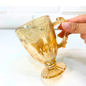 Jogo de Xicaras 12 Peças Vidro Ambar Dourado C/Pé Cristal para Cozinha Chá Café Caneca