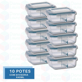 Conjunto Com 10 Potes 640ml De Vidro com Divisória Hermético
