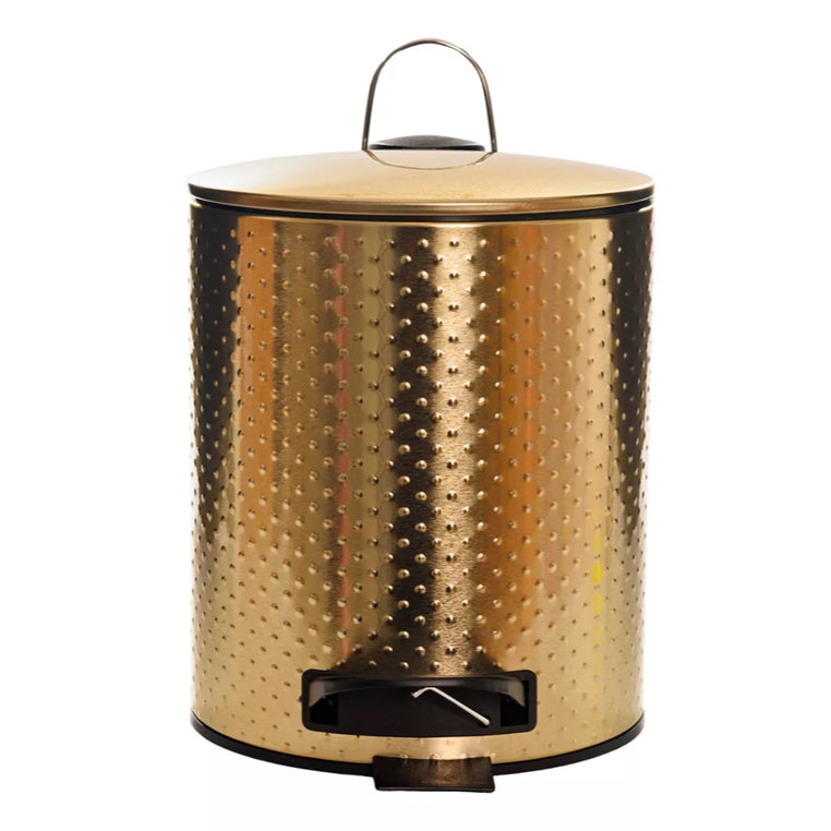 Kit Banheiro Lixeira Com Pedal Gold Dourada 5L Com Cesto Escova Sanitária Bambu Lavabo Luxo