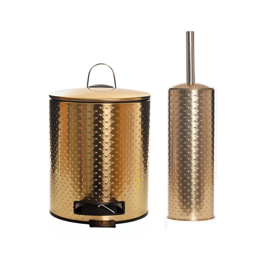 Kit Banheiro Lixeira Com Pedal Gold Dourada 5L Com Cesto Escova Sanitária Bambu Lavabo Luxo