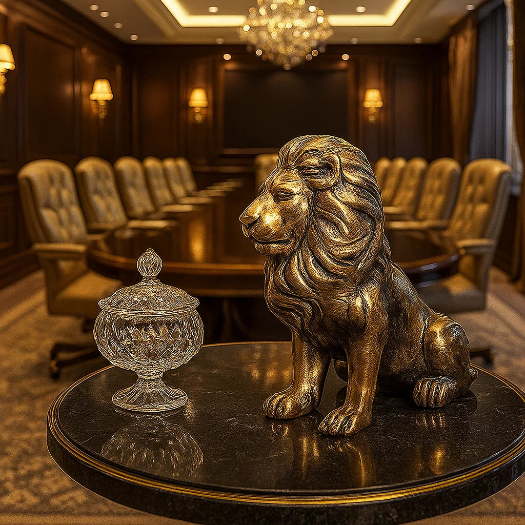 Escultura Leão Decorativo 3D em Gesso Dourado | Alma & Casa