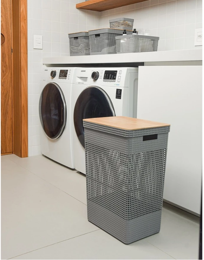 Cesto de Roupas Grid Luxo com Tampa de Bambu 49L | Alma & Casa