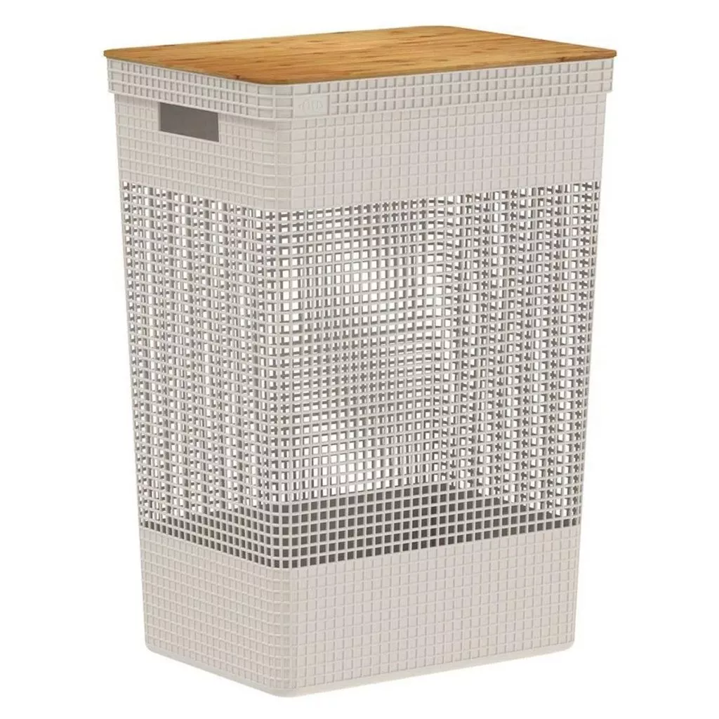 Cesto de Roupas Grid Luxo com Tampa de Bambu 49L | Alma & Casa