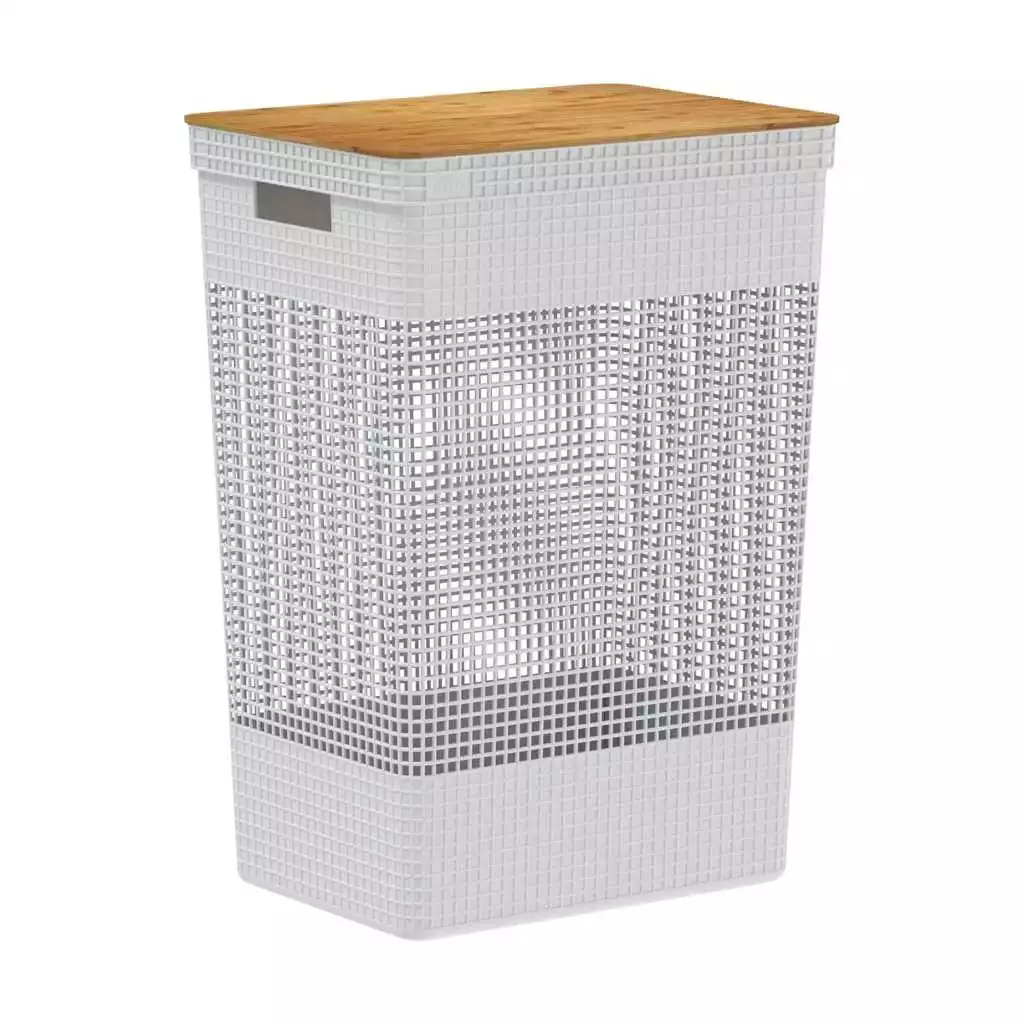 Cesto de Roupas Grid Luxo com Tampa de Bambu 49L | Alma & Casa