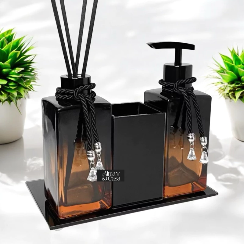 Lavabo Luxo Preto e Rosê com Detalhes em Vidro | Alma & Casa