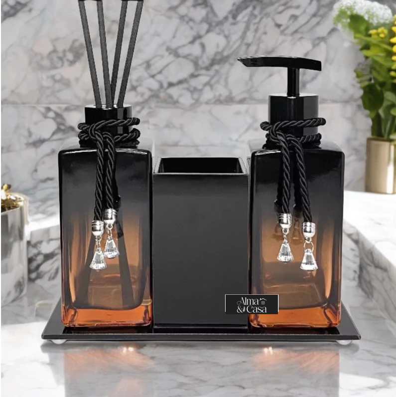 Lavabo Luxo Preto e Rosê com Detalhes em Vidro | Alma & Casa