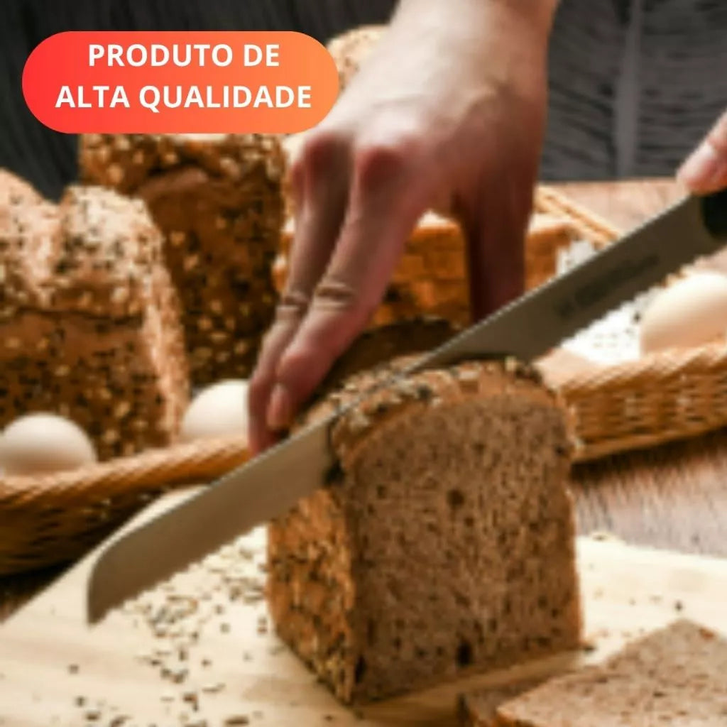 Faca de pão inox profissional com corte serrilhado preciso. Sofisticação, durabilidade e design elegante para sua cozinha | Alma & Casa.