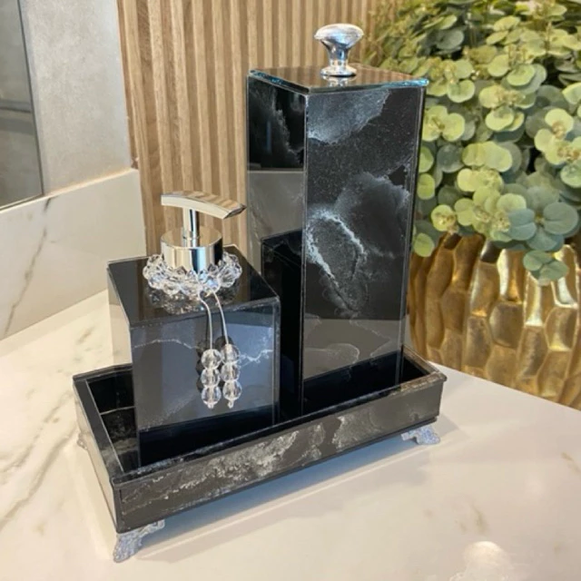 Conjunto Lavabo Luxo Mármore com Bandeja - Vidro | Alma & Casa