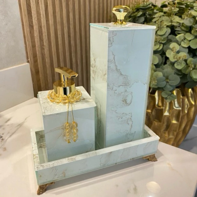 Conjunto Lavabo Luxo Mármore com Bandeja - Vidro | Alma & Casa