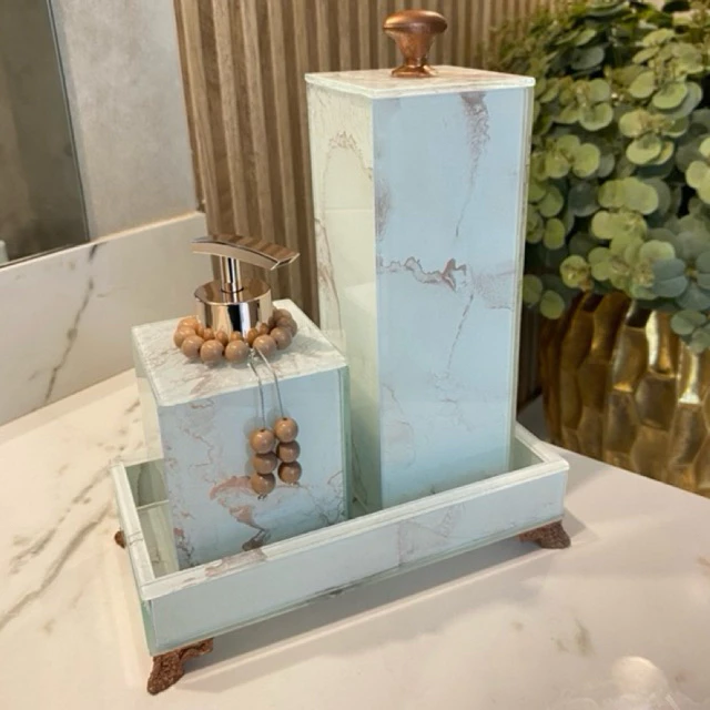 Conjunto Lavabo Luxo Mármore com Bandeja - Vidro | Alma & Casa