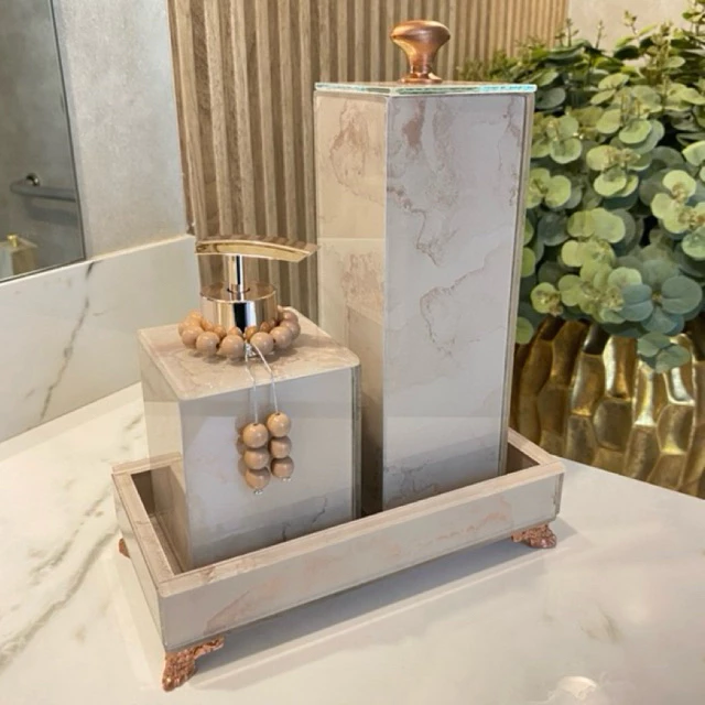 Conjunto Lavabo Luxo Mármore com Bandeja - Vidro | Alma & Casa
