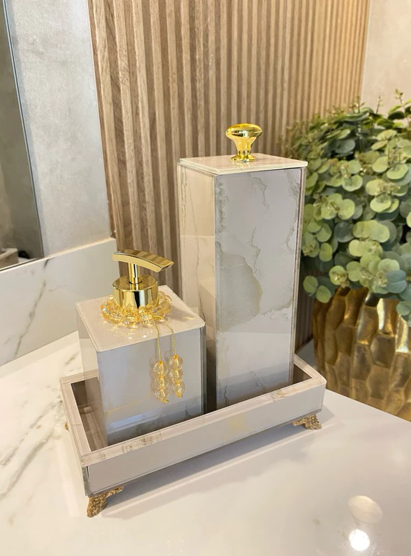 Conjunto Lavabo Luxo Mármore com Bandeja - Vidro | Alma & Casa