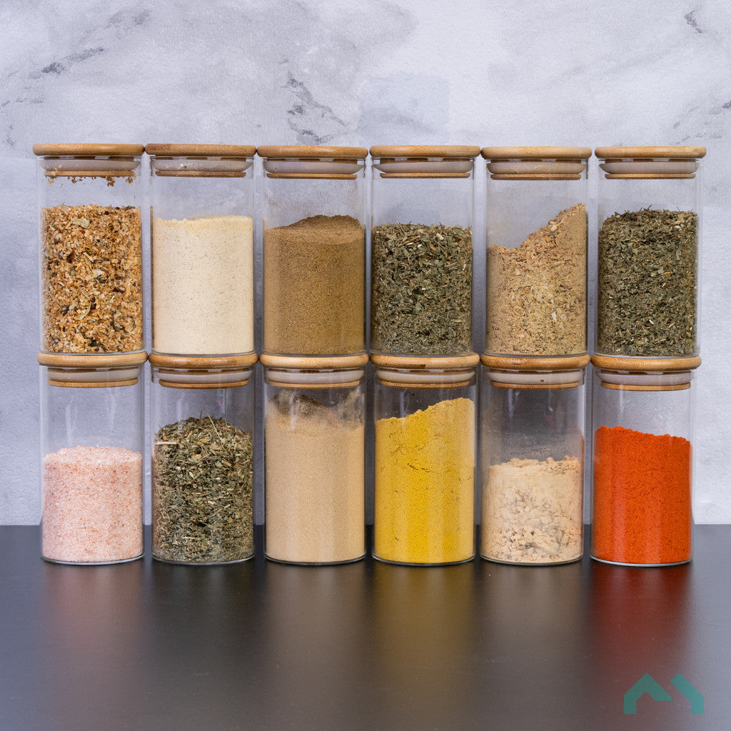 12 Potes de Vidro Hermético 250mL com Tampa de Bambu | Alma & Casa