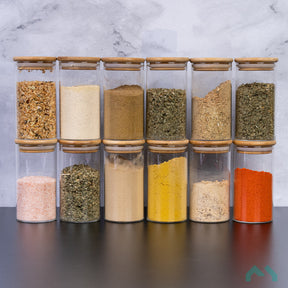 12 Potes de Vidro Hermético 250mL com Tampa de Bambu | Alma & Casa