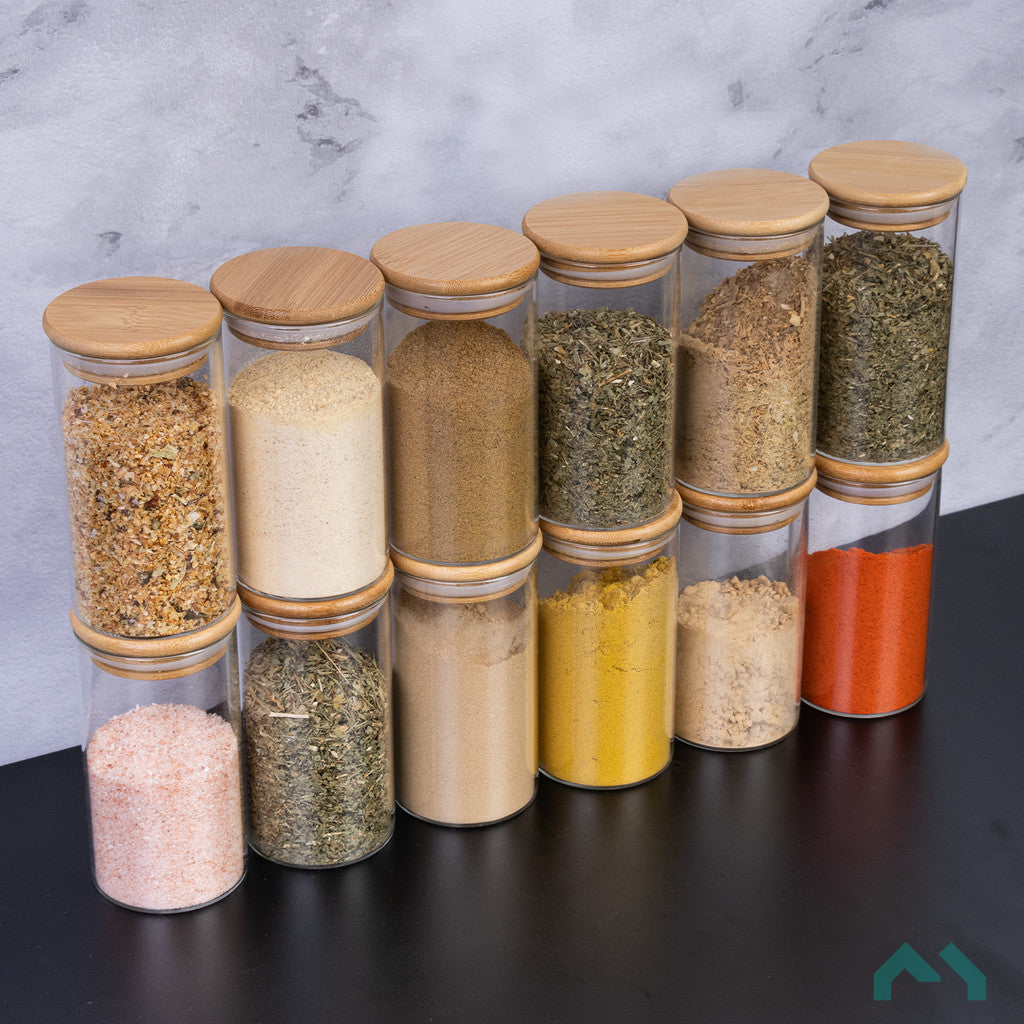 12 Potes de Vidro Hermético 250mL com Tampa de Bambu | Alma & Casa