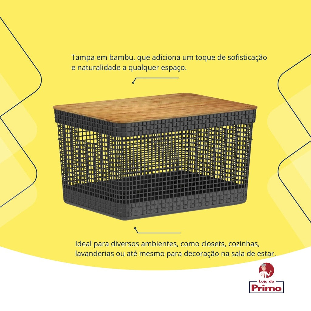 Cesto Organizador Roupas Lavanderia Área De Serviço Banheiro Quarto Tampa Bambu Grid 20l Preto OU