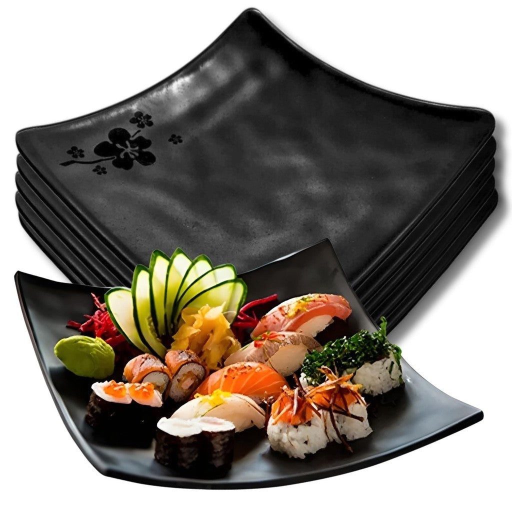 Kit 10 Prato Kanpai Premium Côncavo Quadrado Preto de Melamina 15cm Comida Japonesa - Bestfer