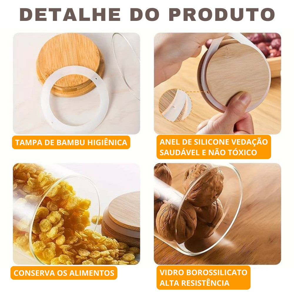 Conjunto 11 Potes Vidro Herméticos com Tampa Bambu | Alma & Casa